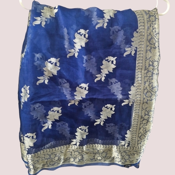 Dupatta Royal Light Blue Floral Silk Scarf 76'' L x 41'' W India Fancy Chiffon - Picture 2 of 10